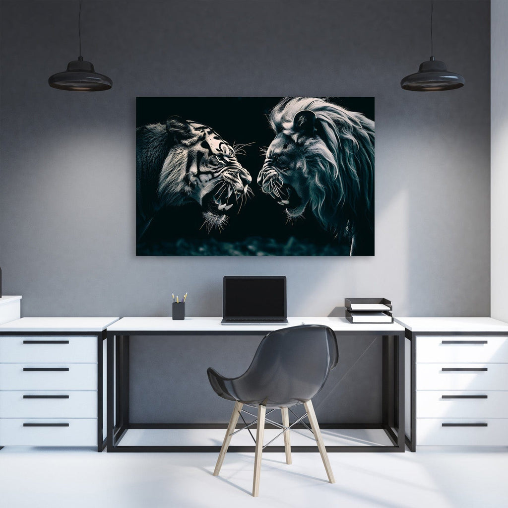 Lion Tiger Faceoff - Fear is teaching you courage Wall Art, alternate artwork view by Impaktiv