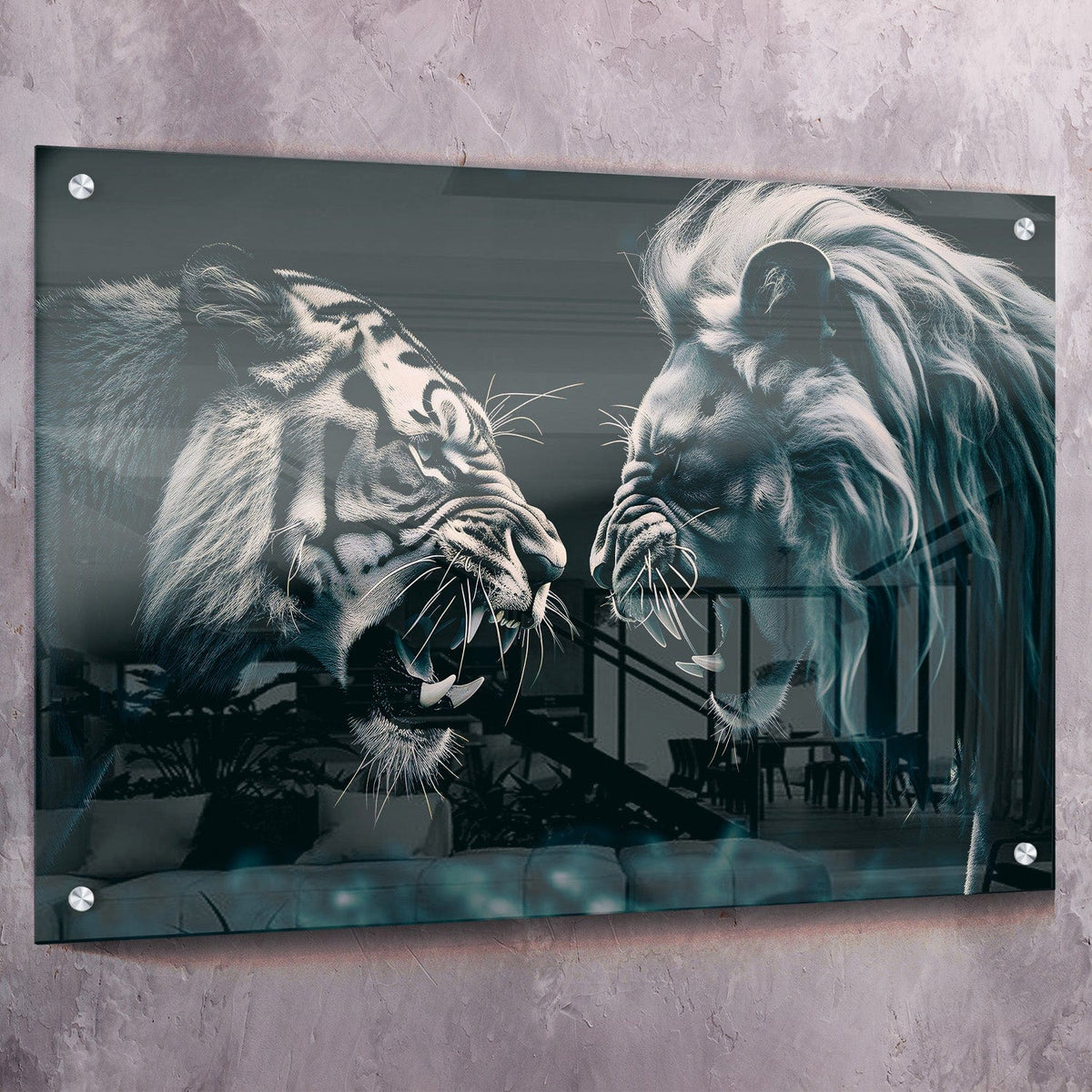 Lion Tiger Faceoff - Fear is teaching you courage Wall Art, alternate view by Impaktiv