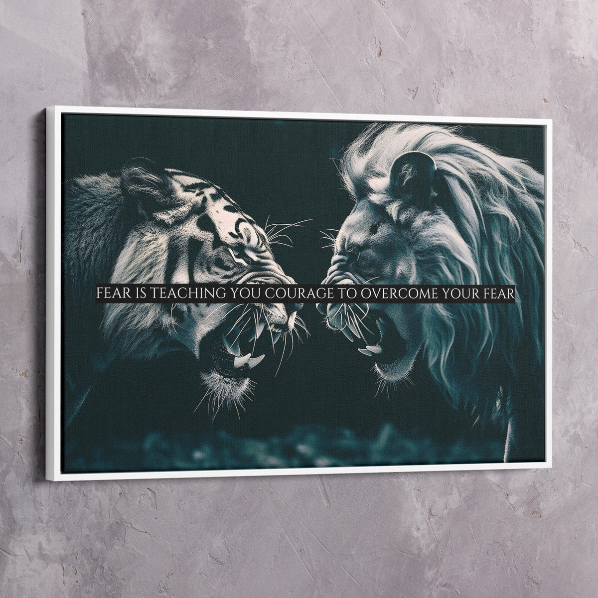 Lion Tiger Faceoff - Fear is teaching you courage Wall Art, alternate view by Impaktiv