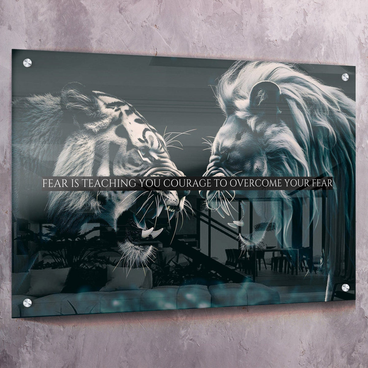 Lion Tiger Faceoff - Fear is teaching you courage Wall Art, alternate view by Impaktiv