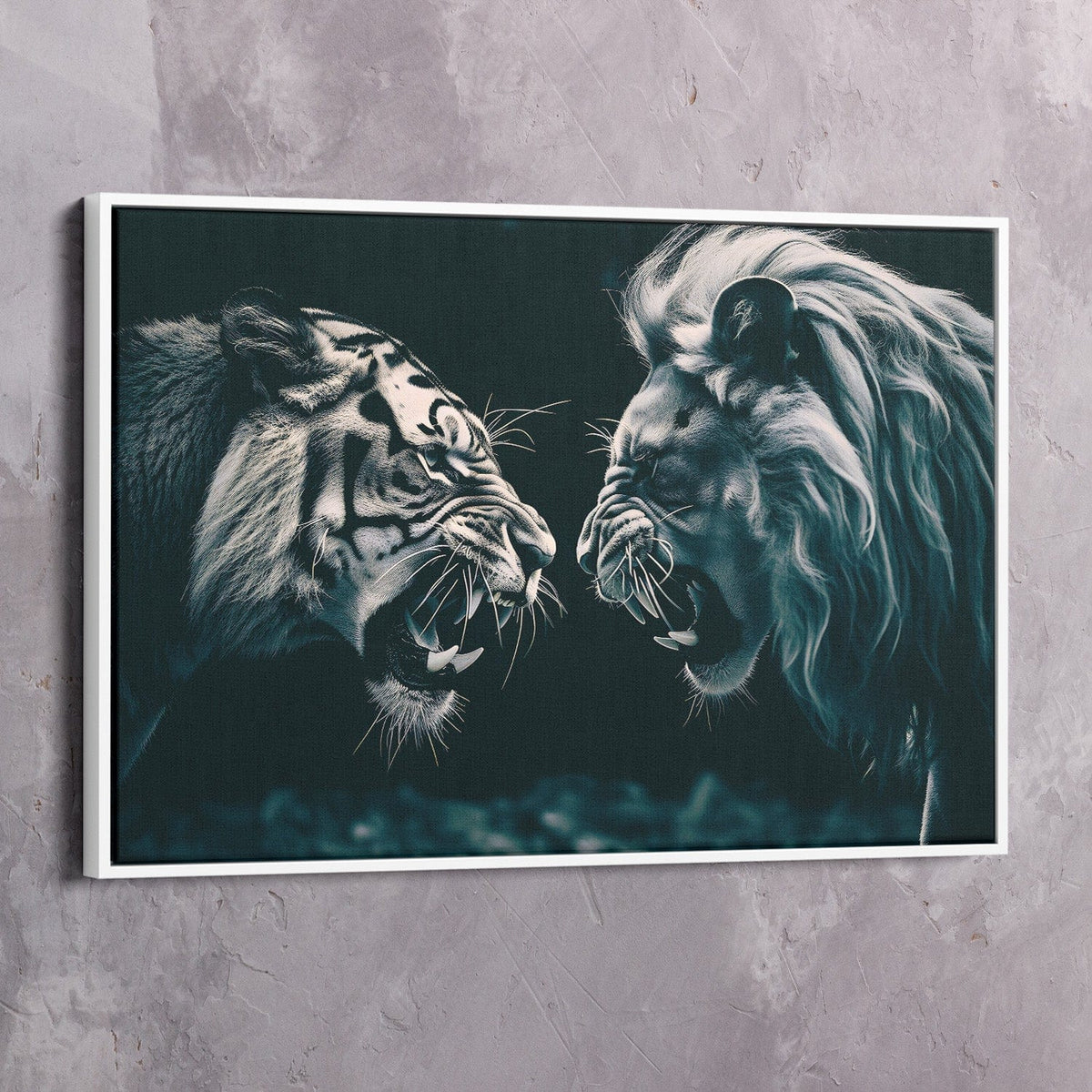 Lion Tiger Faceoff - Fear is teaching you courage Wall Art, alternate view by Impaktiv