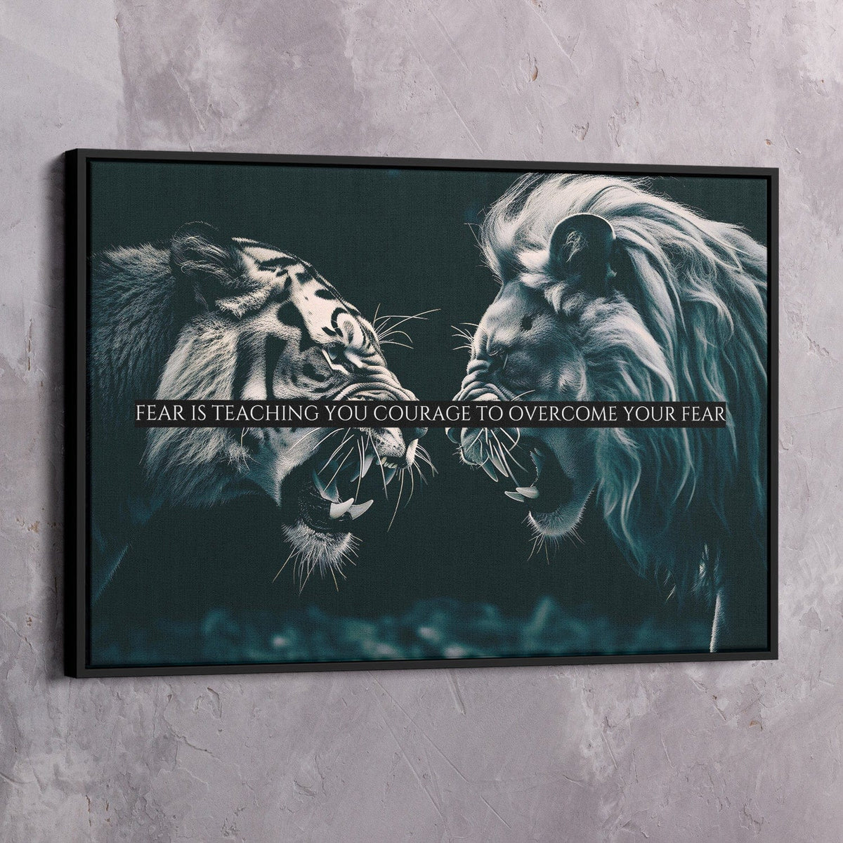 Lion Tiger Faceoff - Fear is teaching you courage Wall Art, alternate view by Impaktiv