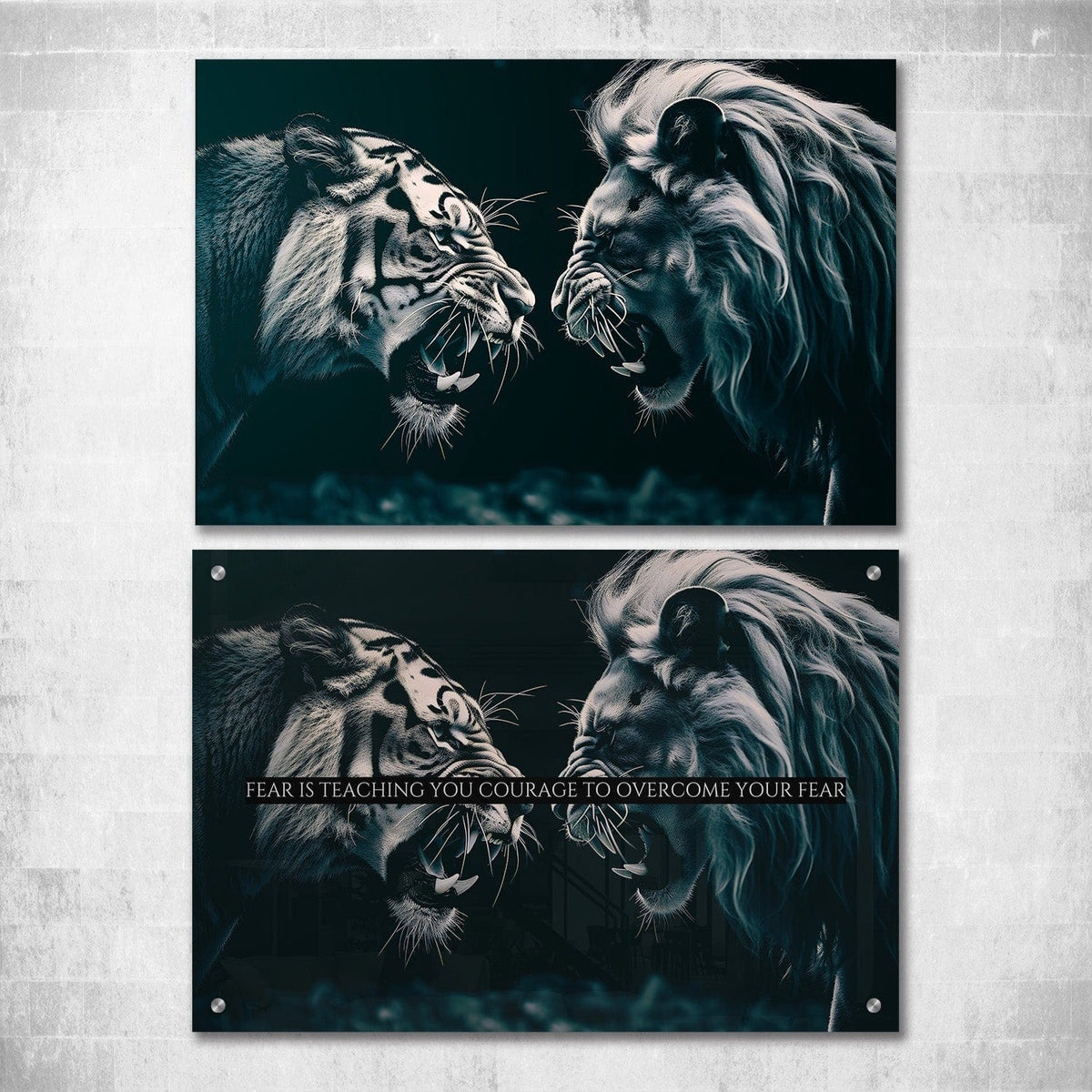 Lion Tiger Faceoff - Fear is teaching you courage Wall Art, courage wall art by Impaktiv