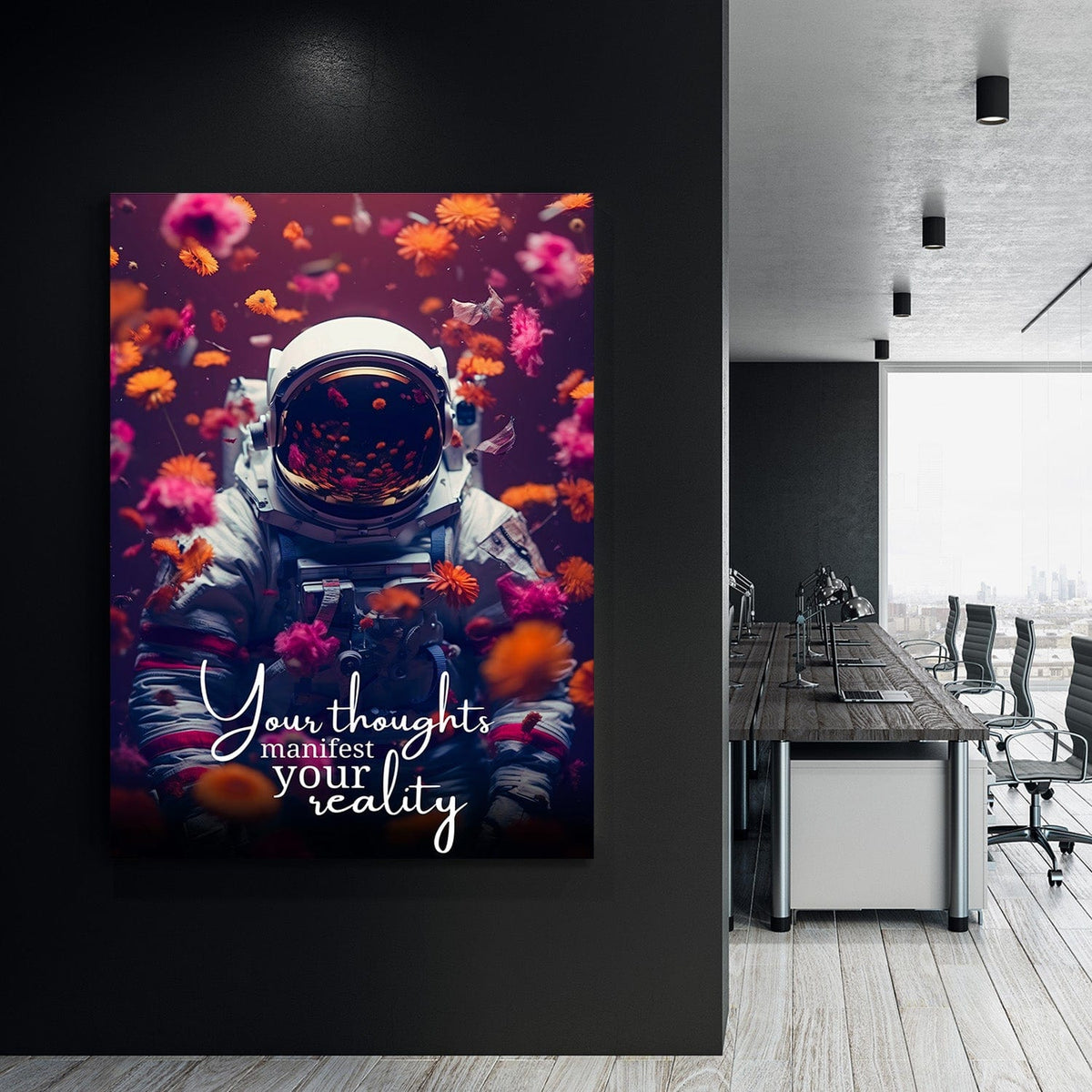 Astronaut Flowers - Your thoughts manifest your reality Wall Art, alternate view by Impaktiv