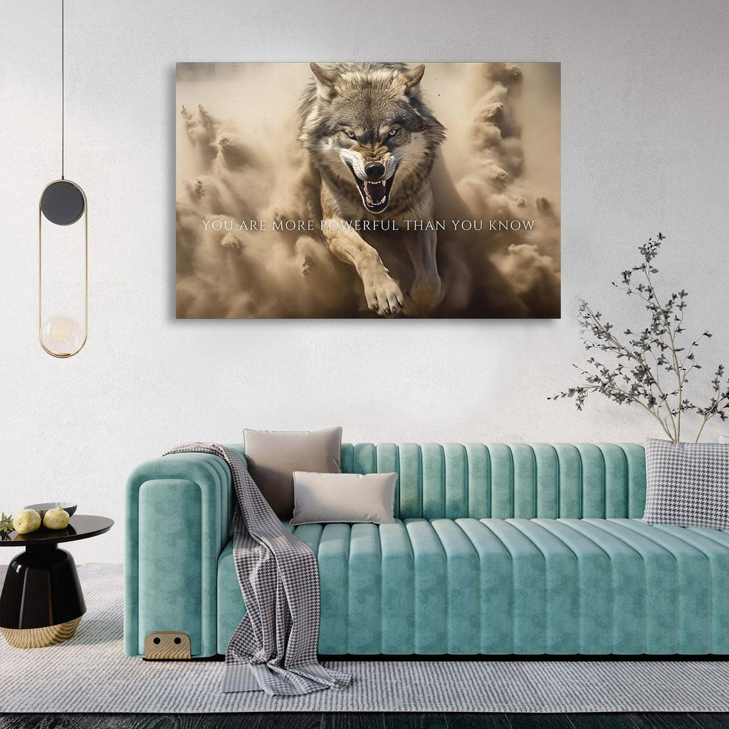 Wolf wall art landscape with snarling wolf and quote text, unframed.