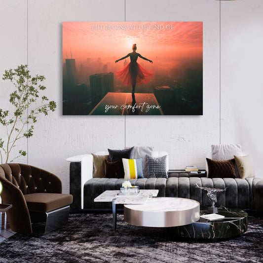 Ballet Dancer Edge - Life begins at the end of your comfort zone Wall Art | Inspirational Wall Art Motivational Wall Art Quotes Office Art | Impaktiv Exclusive Canvas Art Landscape