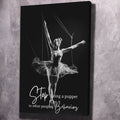 Black canvas wall art with ballerina in tutu and white text 'Stop being a puppet'.
