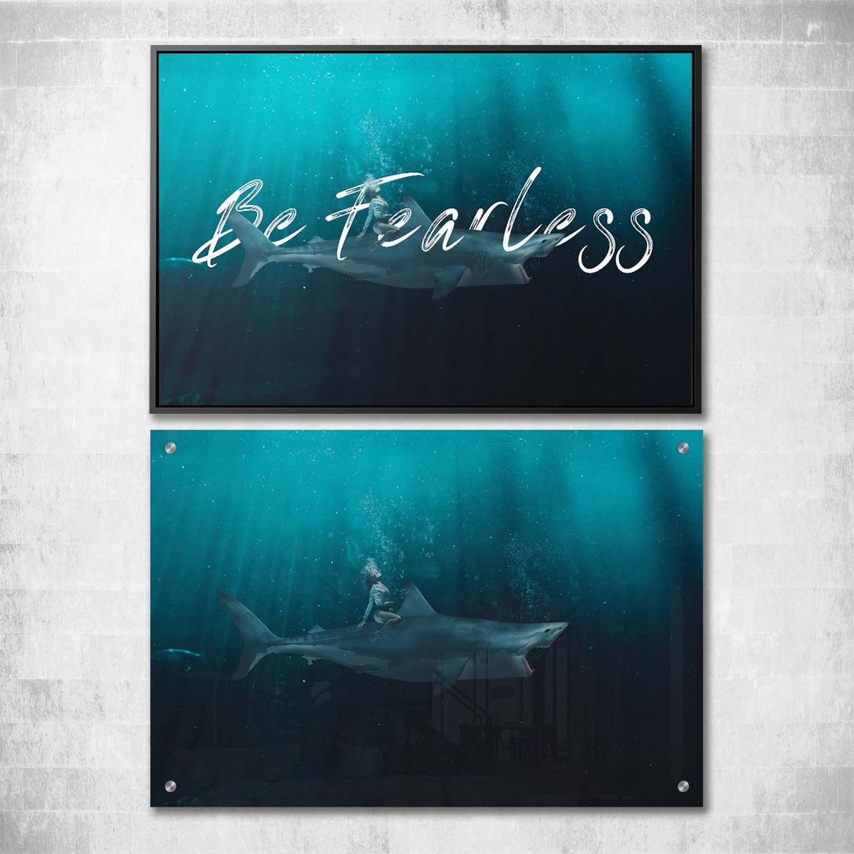 Be Fearless Shark Ride Motivational Wall Art, courage wall art by Impaktiv