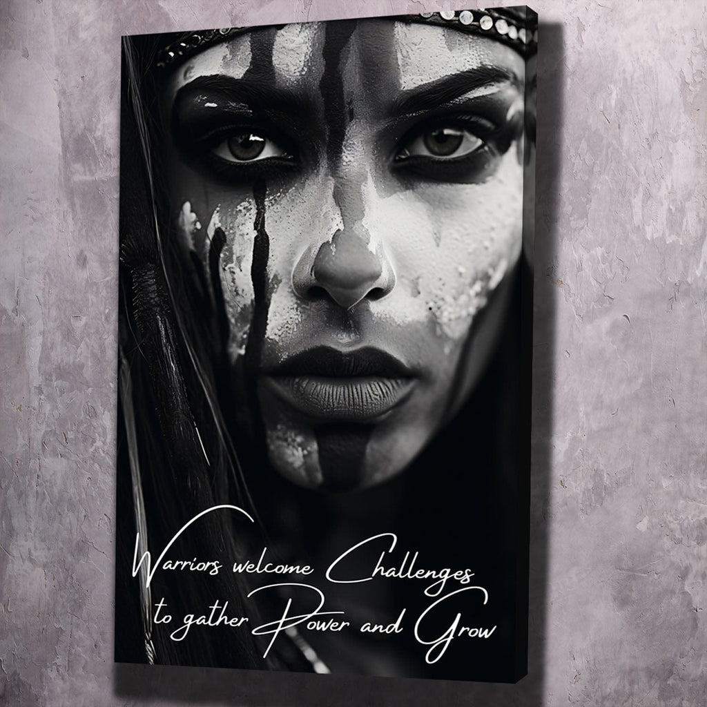 Monochrome warrior portrait wall art with black frame and script text