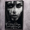 Monochrome warrior portrait wall art with black frame and script text