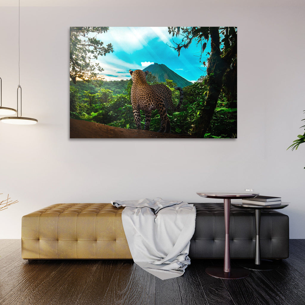 Motivational mountain wall art canvas with leopard standing in jungle scene