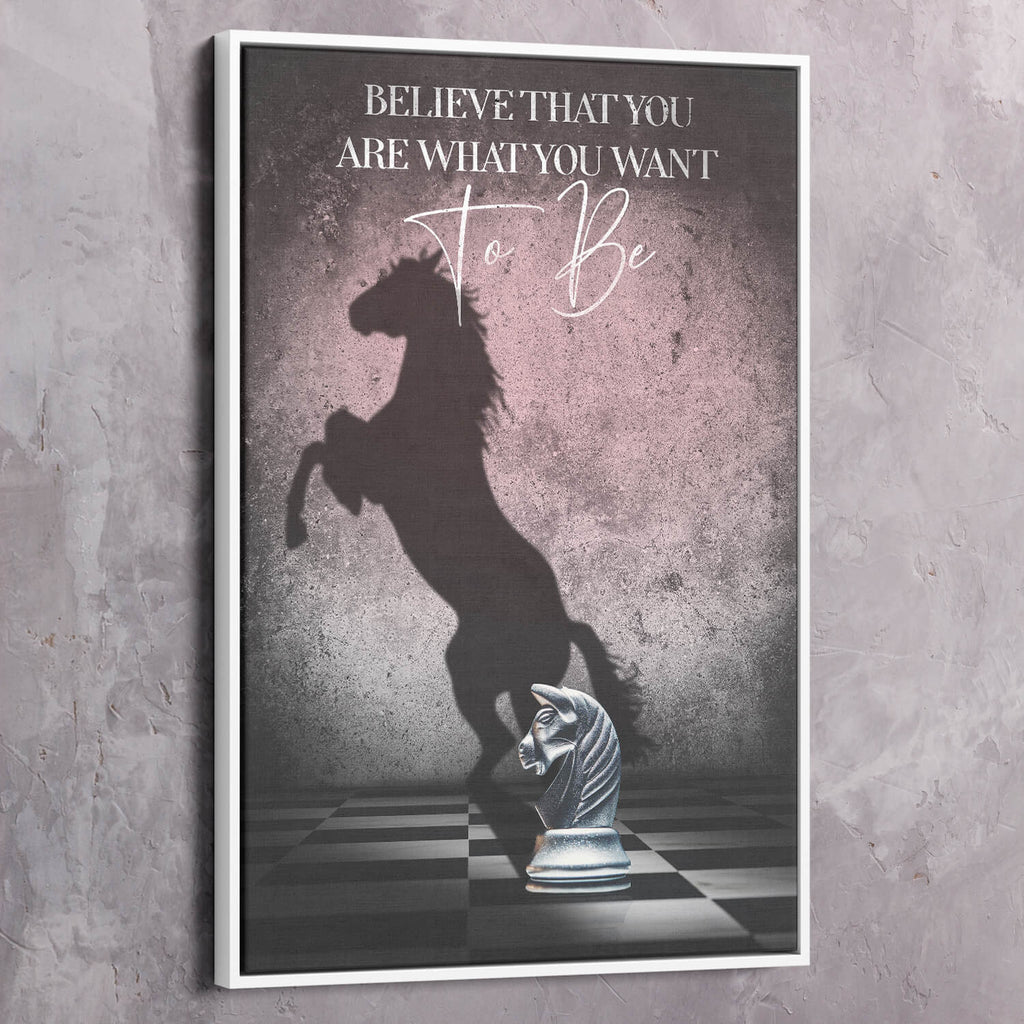 Spiritual wall art canvas with white frame, horse silhouette, chess piece, quote text