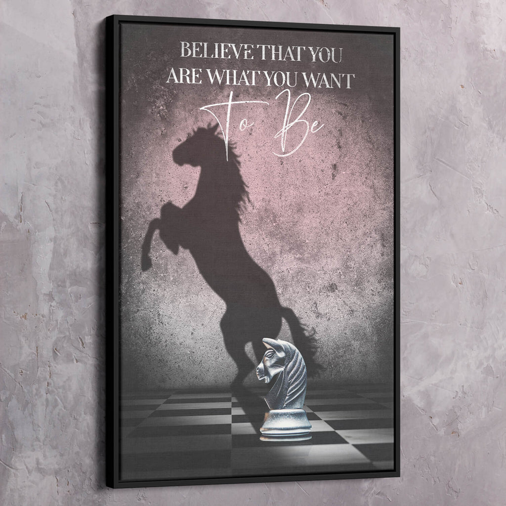 Spiritual wall art canvas with black frame, horse silhouette, chess piece, quote