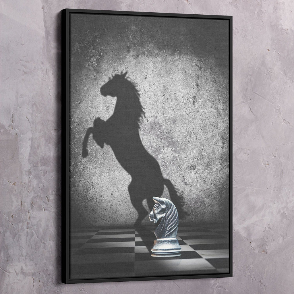 Framed spiritual wall art with black frame, horse silhouette and chess piece