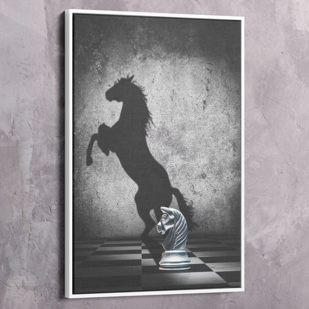 Spiritual wall art canvas with white frame, horse silhouette and chess piece, no text