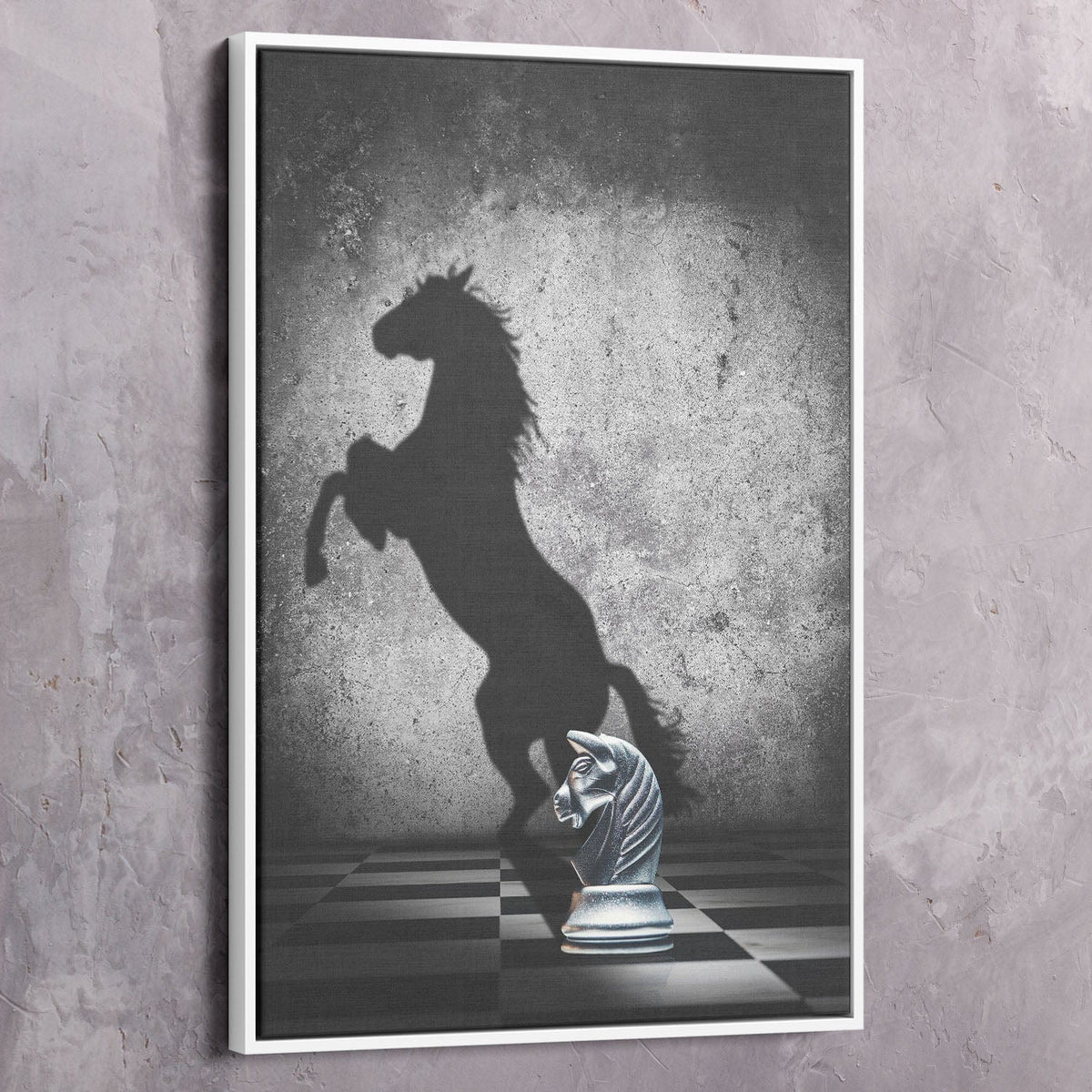 Spiritual wall art canvas with white frame, horse silhouette and chess piece, no text