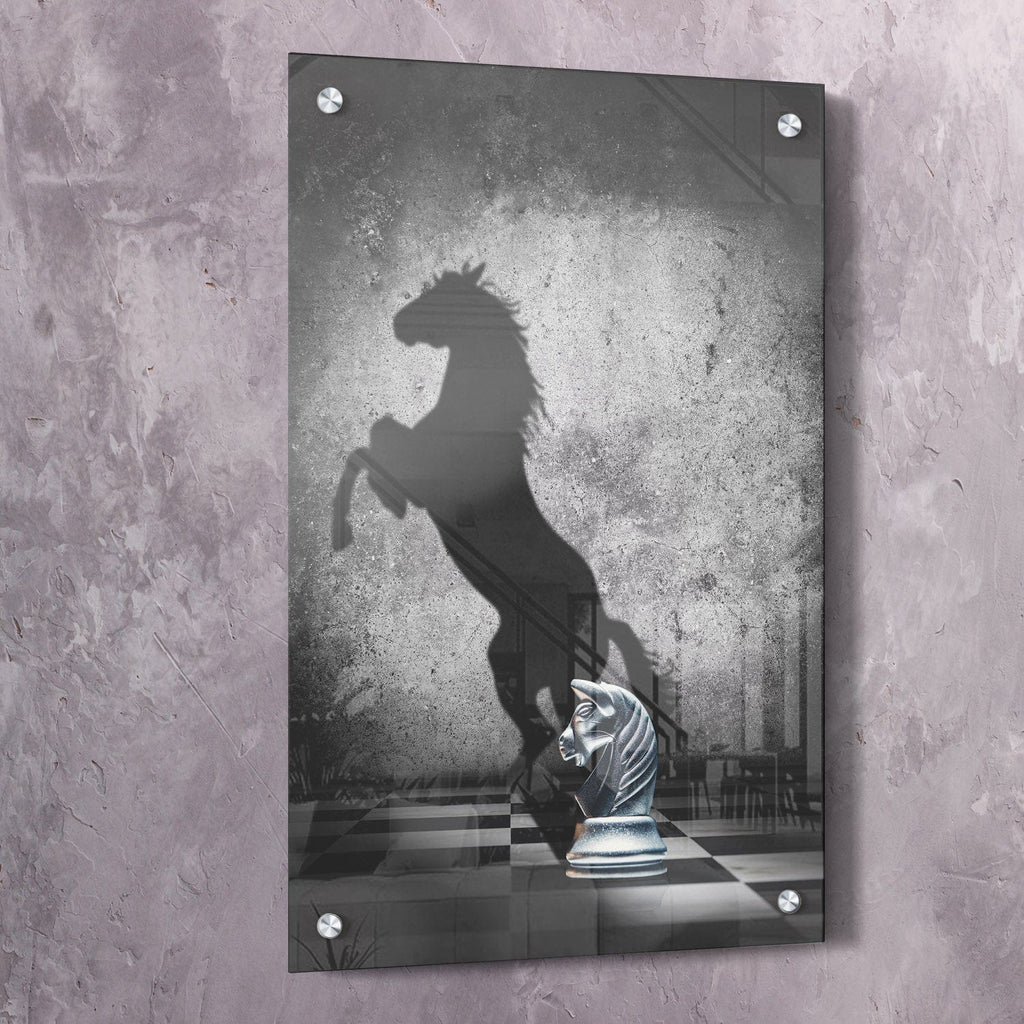 Chess-themed wall art with knight silhouette and chessboard scene, portrait orientation
