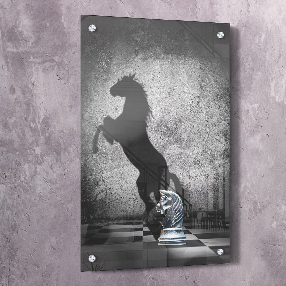 Chess-themed wall art with knight silhouette and chessboard scene, portrait orientation
