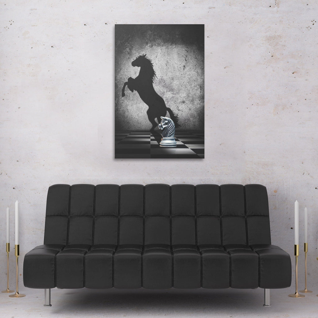 Spiritual wall art print with horse silhouette and chess piece, no text