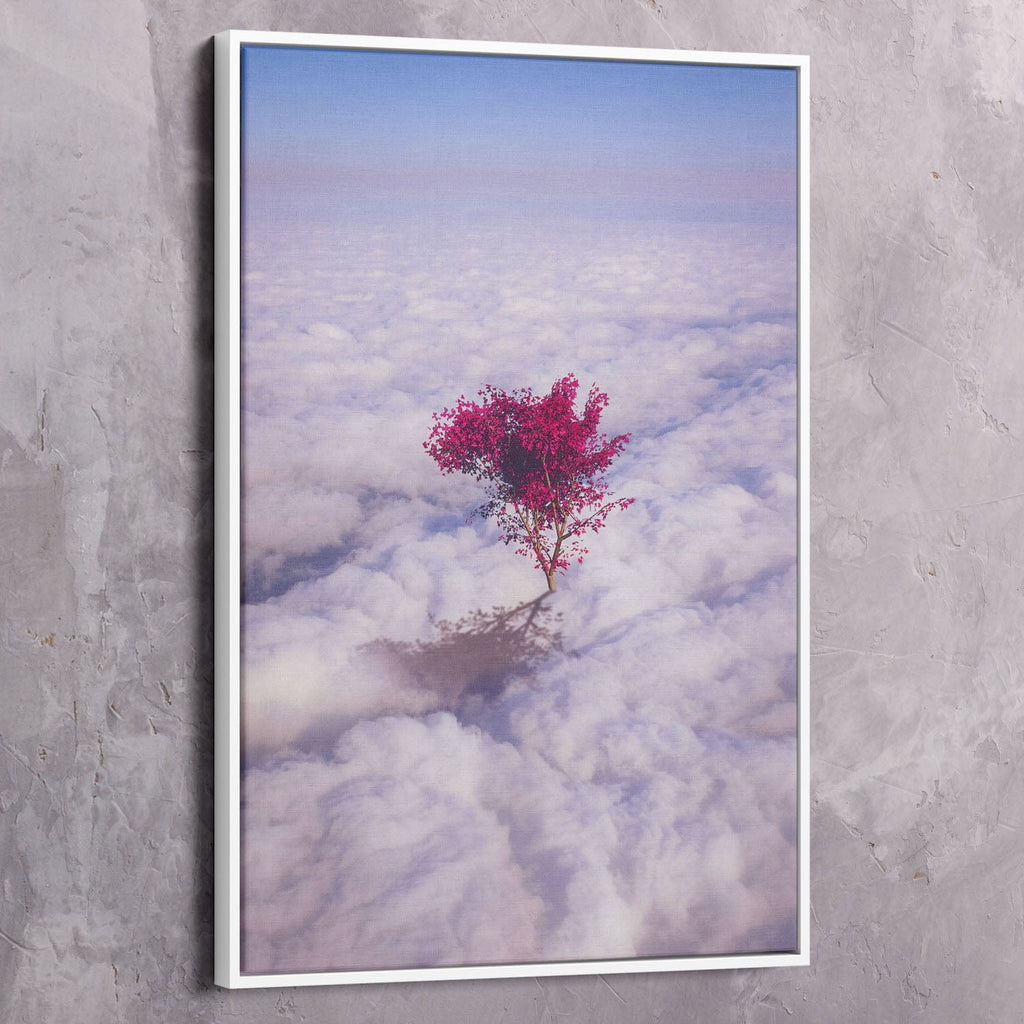Framed wall art canvas with pink tree silhouette in cloudy sky, vertical portrait