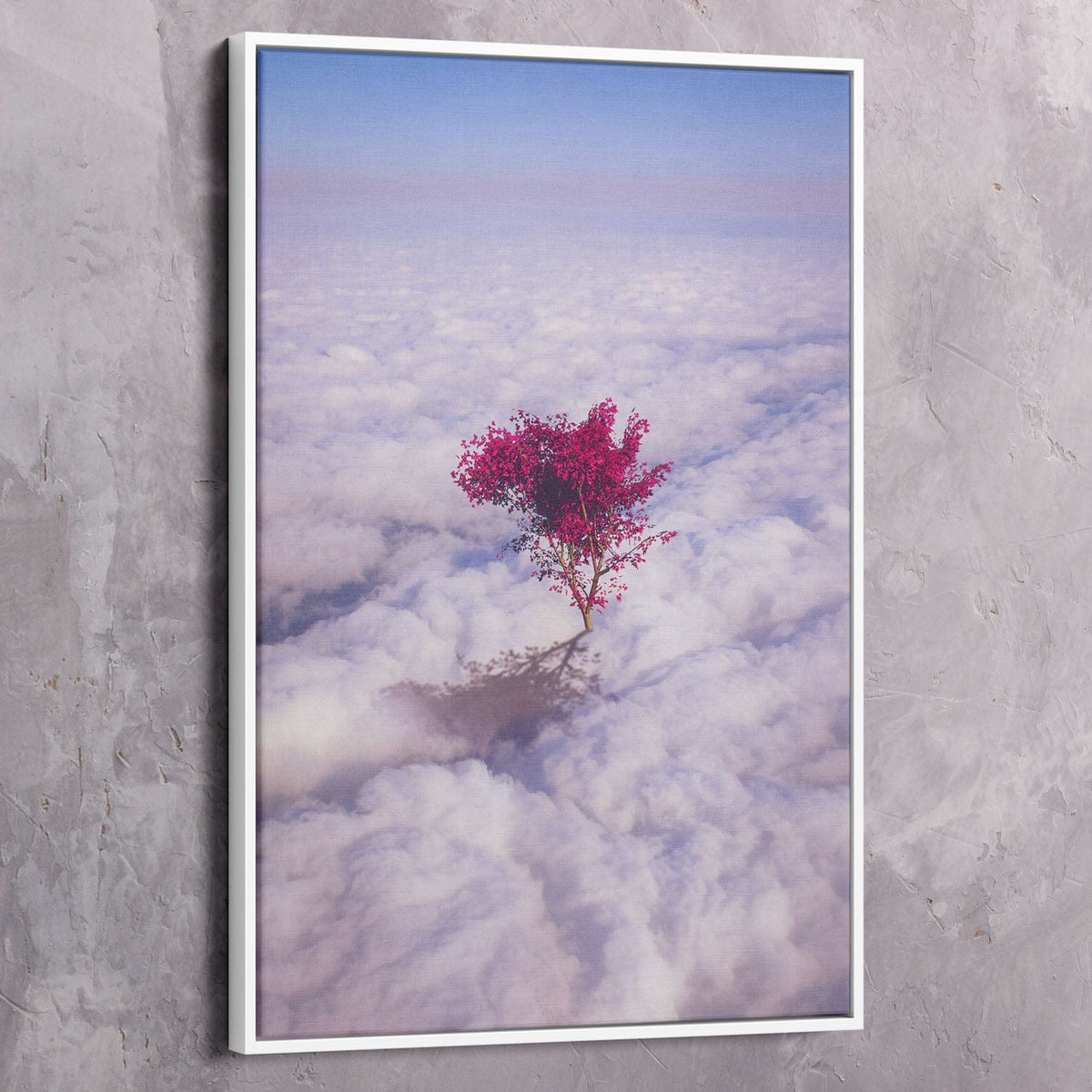 Framed wall art canvas with pink tree silhouette in cloudy sky, vertical portrait