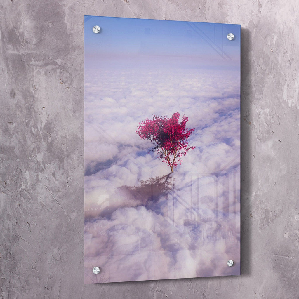 Wall art acrylic with pink tree silhouette over cloudy sky, vertical portrait with corner mounts