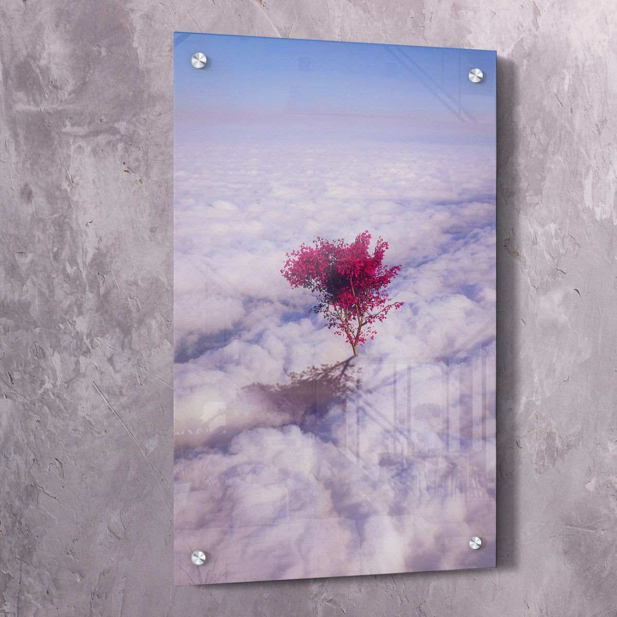Wall art acrylic with pink tree silhouette over cloudy sky, vertical portrait with corner mounts