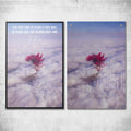 Pair of motivational wall art canvases with pink tree and quote over clouds