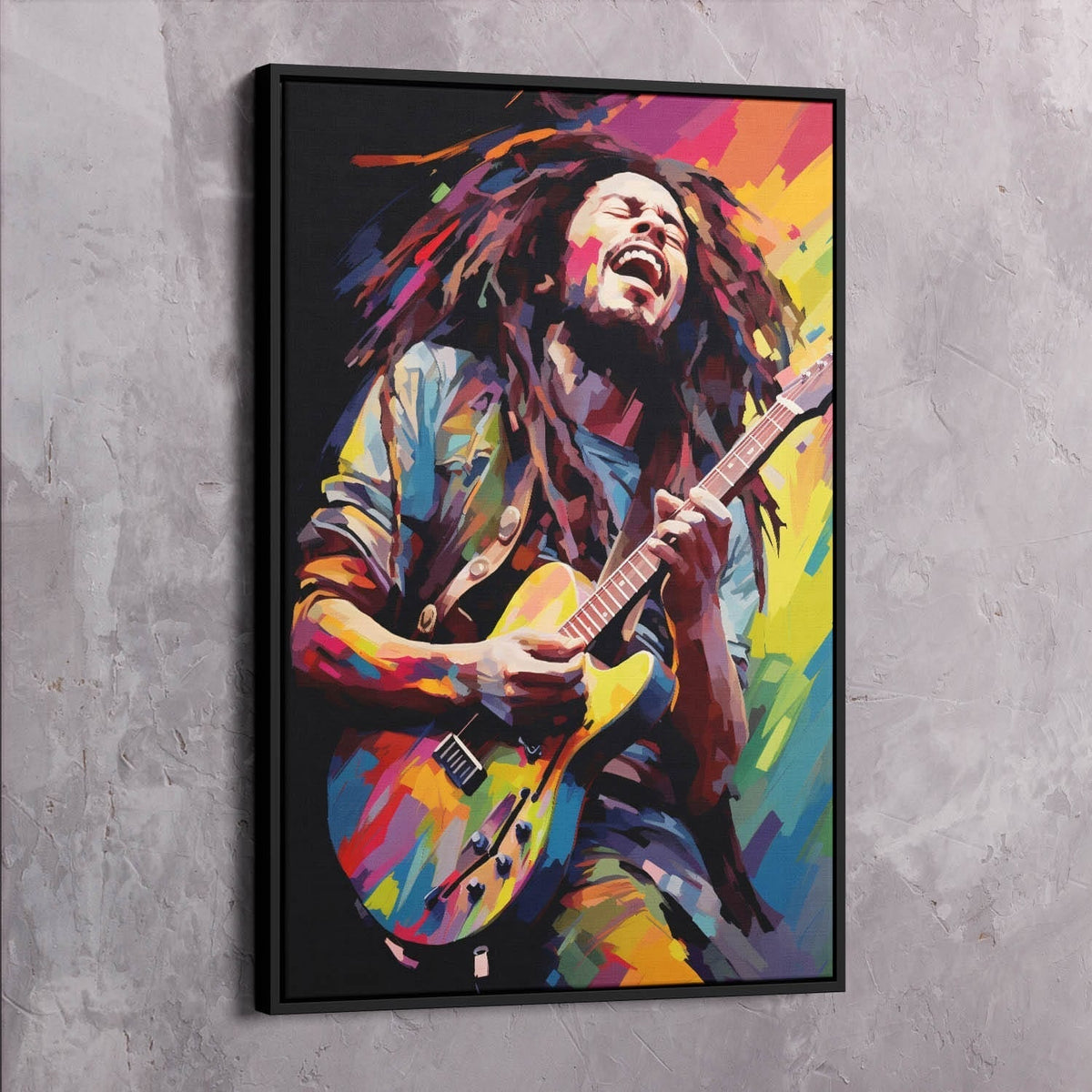 Black-framed Bob Marley guitar portrait wall art with colorful abstract paint style