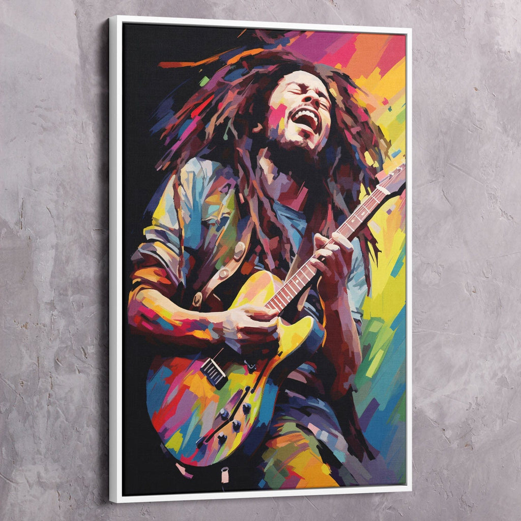 Framed Bob Marley wall art: colorful guitarist portrait with dreadlocks and electric guitar