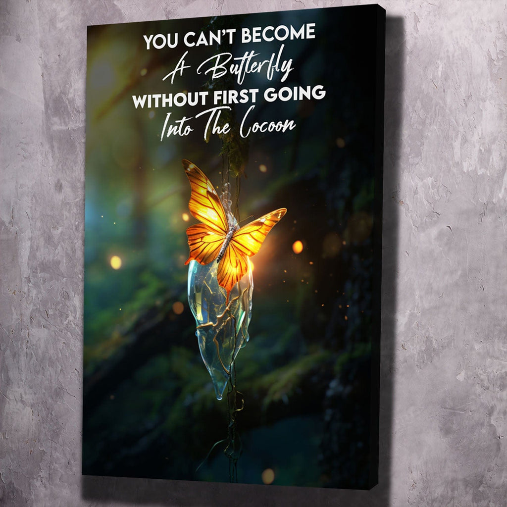 Butterfly wall art with glowing butterfly emerging from cocoon and motivational quote text