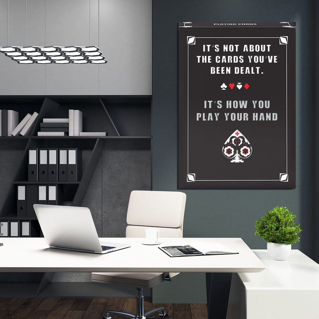 Black motivational wall art print with playing card text and club/heart symbols, portrait