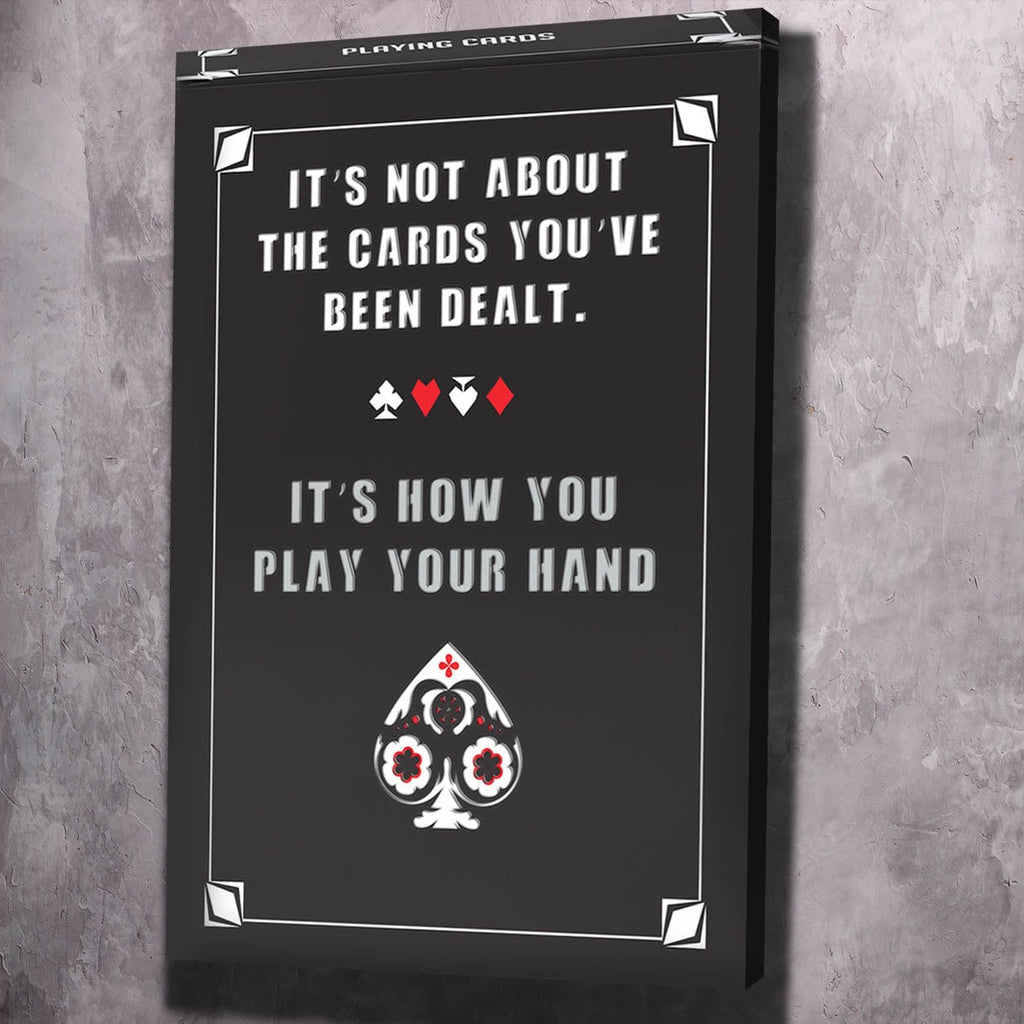 Black motivational wall art with playing card text and spade/club symbols, portrait canvas