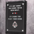 Black motivational wall art with playing card text and spade/club symbols, portrait canvas