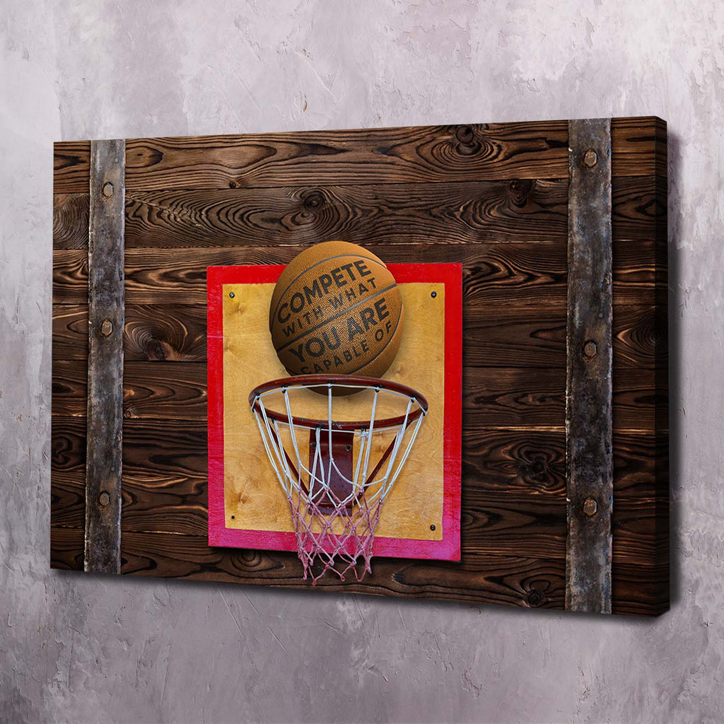 Brown wood-plank basketball hoop wall art with colorful message and net.