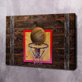 Brown wood-plank basketball hoop wall art with colorful message and net.