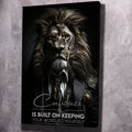 Lion-in-suit portrait wall art with 'Your word to yourself' quote text