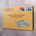 Tan vintage-style canvas wall art with text, stamps, banknote graphic, and wavy lines