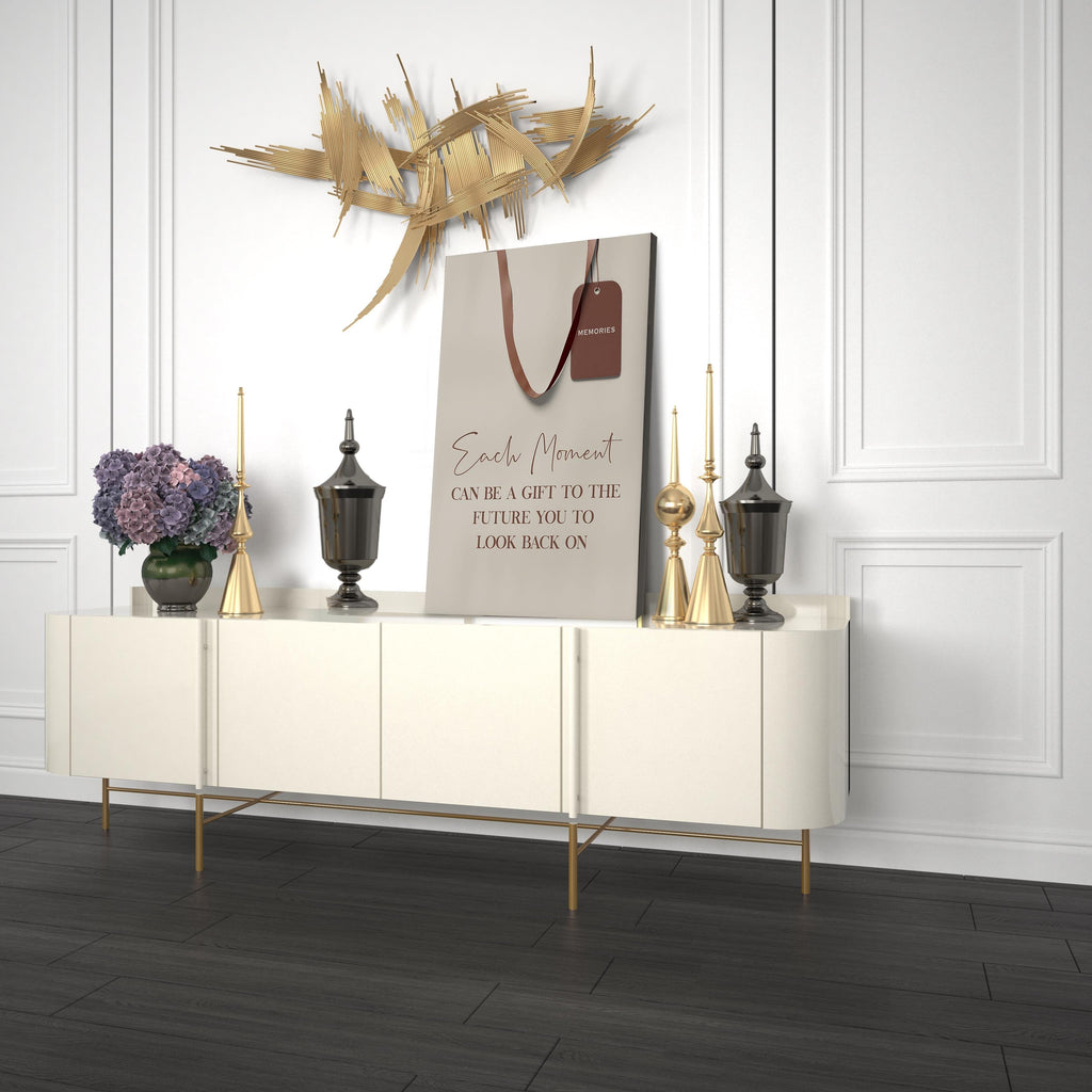 Motivational wall art canvas portrait featuring brown ribbon tag and 'Each Moment' text