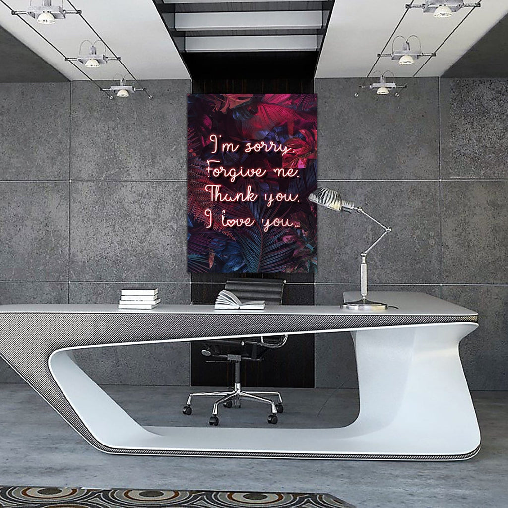 Vertical neon quote wall art on tropical leaves with cursive text: “I’m sorry… forgive me”
