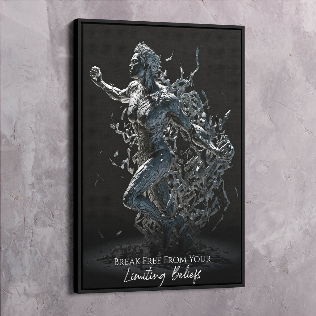 Framed wall art print of blue-gray woman breaking chains, quote text visible at bottom