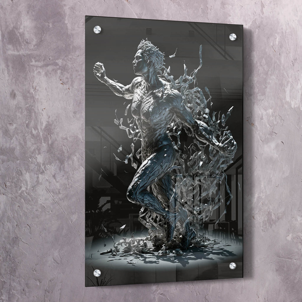 Framed wall art canvas with metallic blue tones; woman breaking chains, quote text at bottom