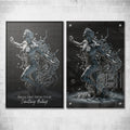 Framed wall art canvas of blue-and-gray woman breaking chains, with quote text at bottom