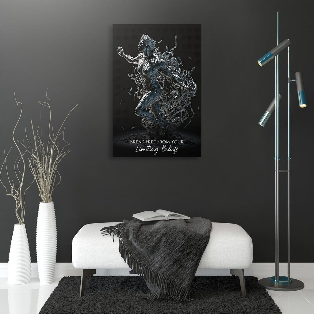 Small wall art canvas showing blue-gray woman breaking chains with quote text at bottom