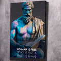 Blue stoic philosopher statue wall art on dark canvas, arms folded, quote at bottom