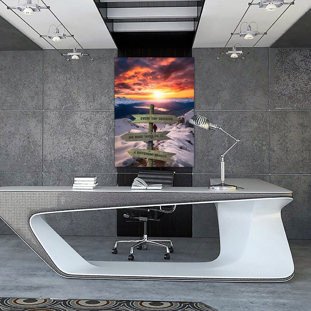 Mounted vertical wall art canvas in a room, sunset mountains and green signpost banners