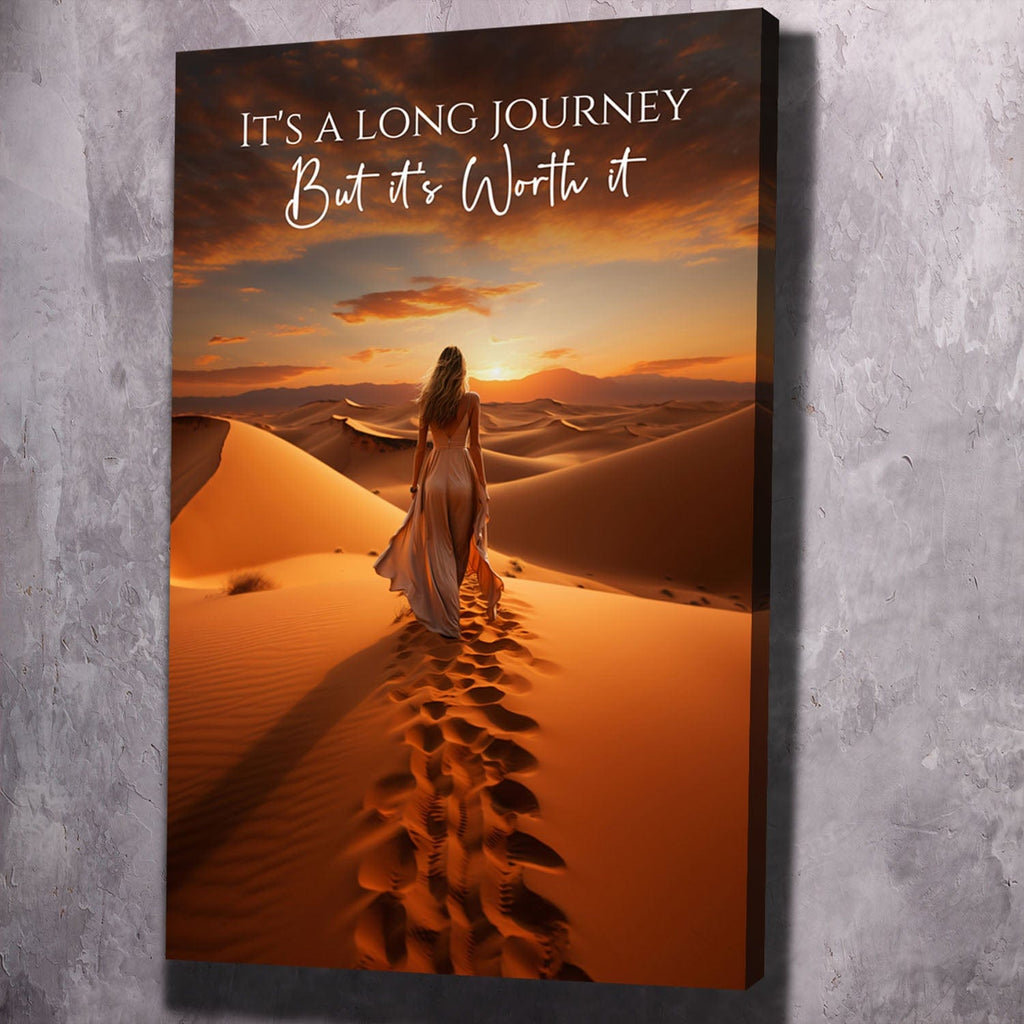 Portrait wall art canvas with desert sunset, woman walking in sand, quote above