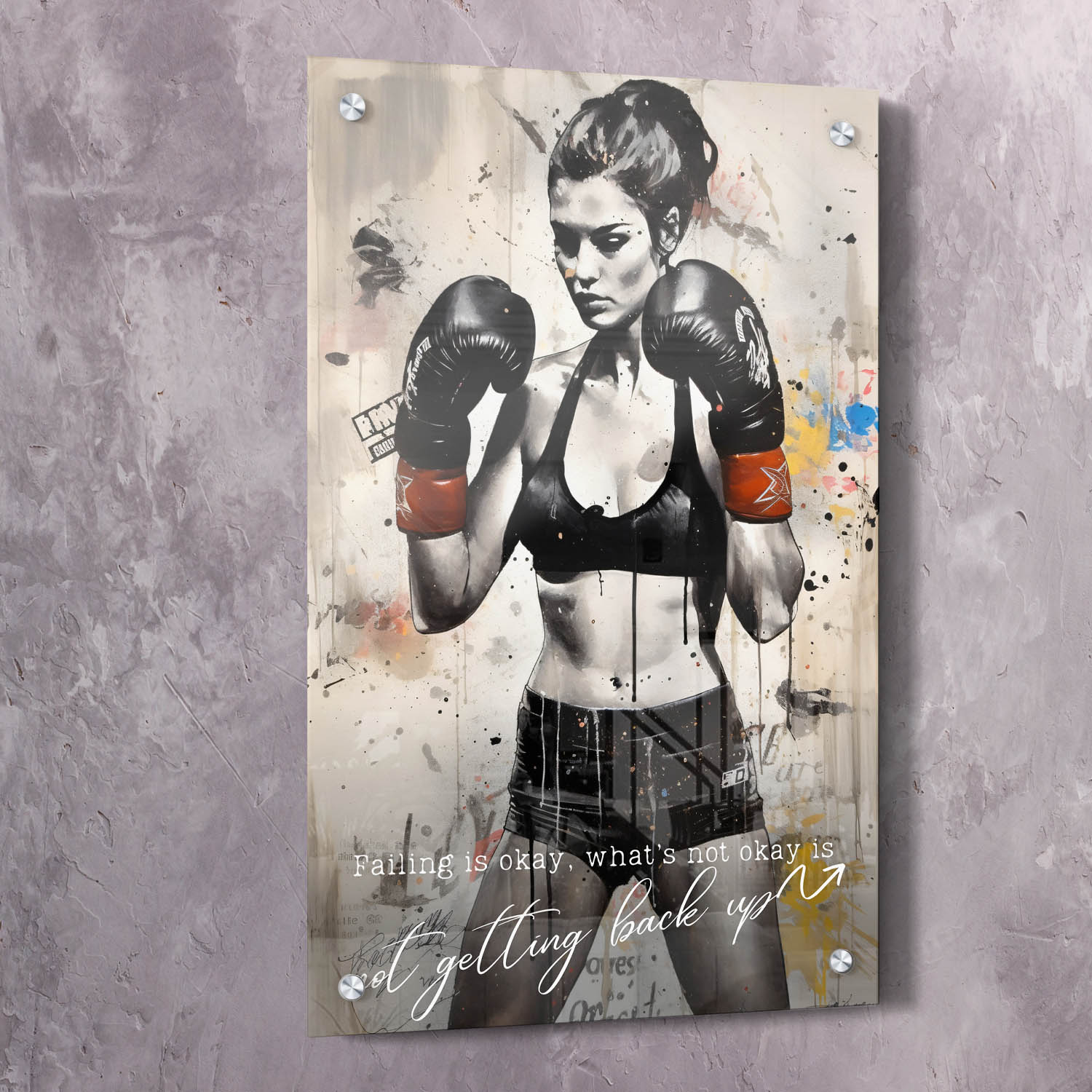 Female Boxer - Falling Is Okay Quote Wall Art | Inspirational Wall Art Motivational Wall Art Quotes Office Art | Impaktiv Exclusive Canvas Art Portrait