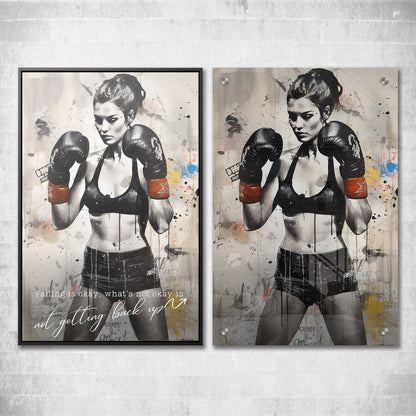Female Boxer - Falling Is Okay Quote Wall Art | Inspirational Wall Art Motivational Wall Art Quotes Office Art | Impaktiv Exclusive Canvas Art Portrait