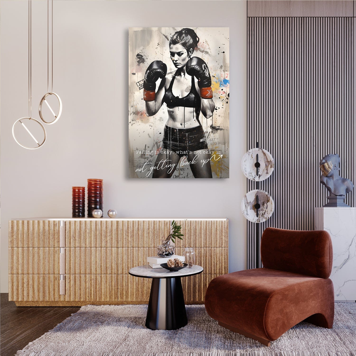 Female Boxer - Falling Is Okay Quote Wall Art | Inspirational Wall Art Motivational Wall Art Quotes Office Art | Impaktiv Exclusive Canvas Art Portrait